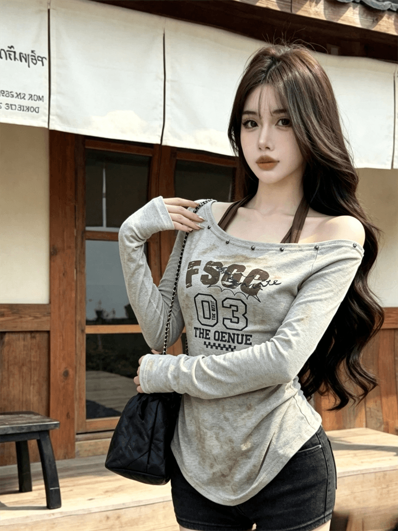 실사 가을 비스듬한 칼라 패치워크 행침 목 스타일 몸매 가꾸기 긴팔 불규칙 맨위 핫걸 펌프 Pleat 페이크 레이어드 티셔츠 상세 이미지 7