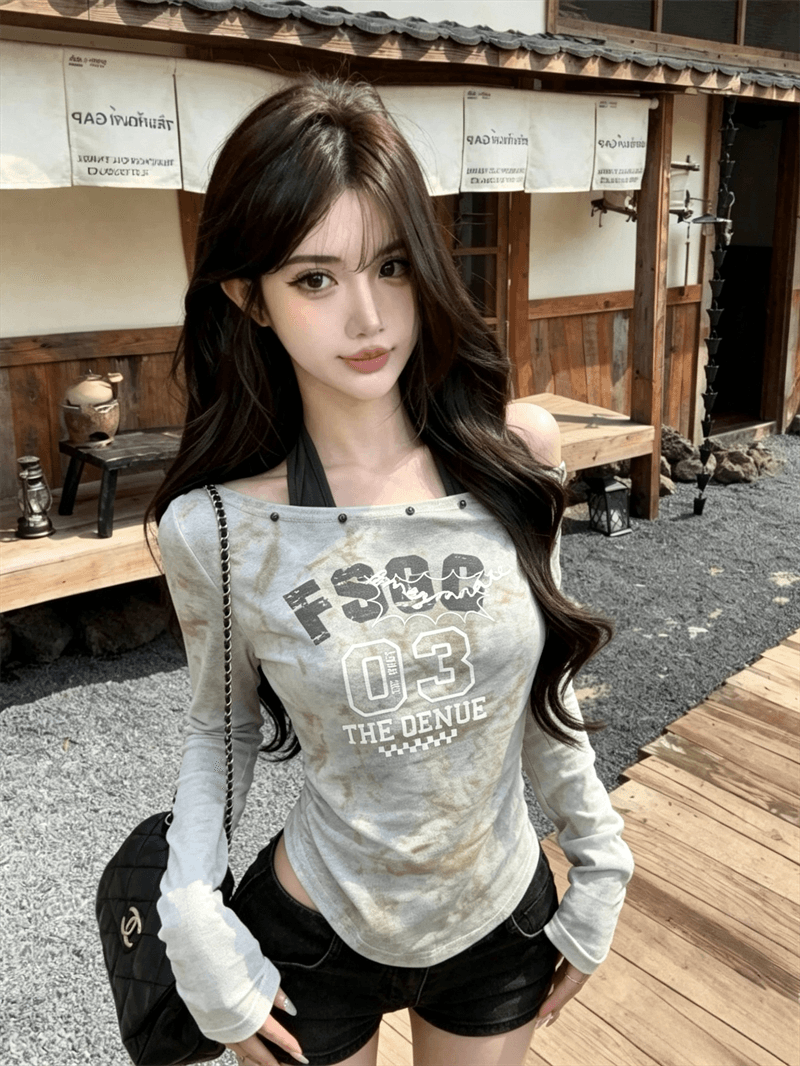실사 가을 비스듬한 칼라 패치워크 행침 목 스타일 몸매 가꾸기 긴팔 불규칙 맨위 핫걸 펌프 Pleat 페이크 레이어드 티셔츠 상세 이미지 8