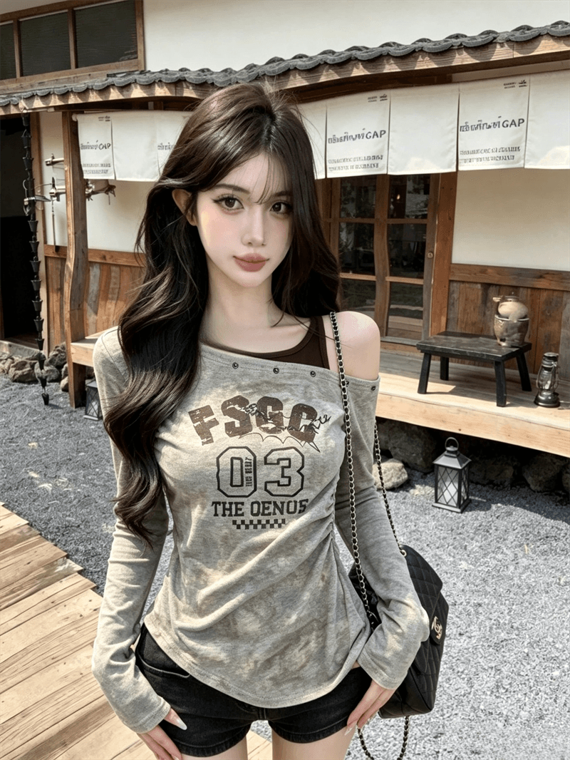 실사 가을 비스듬한 칼라 패치워크 행침 목 스타일 몸매 가꾸기 긴팔 불규칙 맨위 핫걸 펌프 Pleat 페이크 레이어드 티셔츠 상세 이미지 9