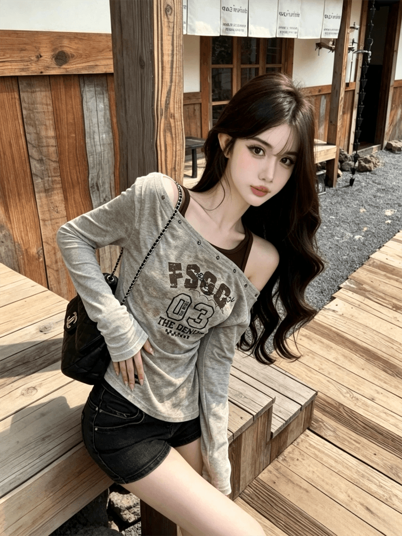 실사 가을 비스듬한 칼라 패치워크 행침 목 스타일 몸매 가꾸기 긴팔 불규칙 맨위 핫걸 펌프 Pleat 페이크 레이어드 티셔츠 상세 이미지 10