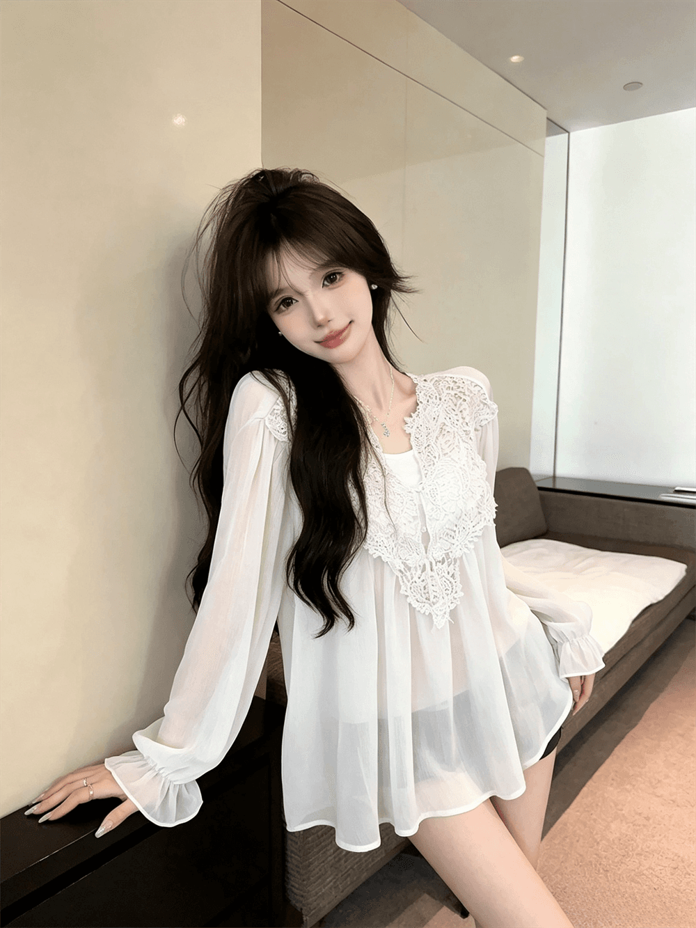 실사 가을 프랑스식 V넥 레이스 자수 순수한 욕망 바람 루즈핏 쉬폰 블라우스 경기 몸매 가꾸기 캐미솔 투피스 세트 이미지 3