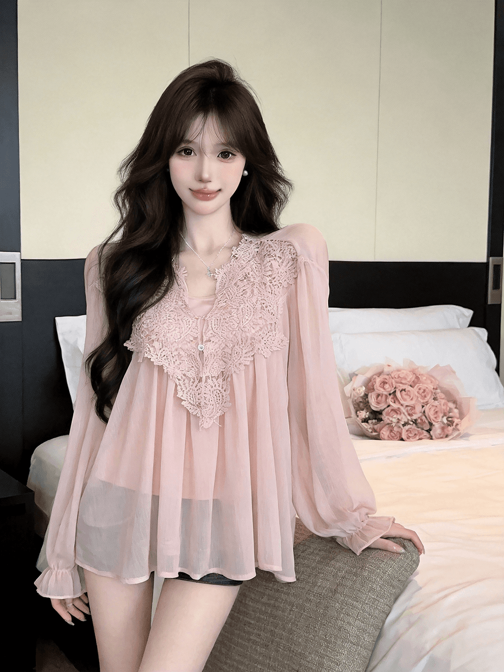 실사 가을 프랑스식 V넥 레이스 자수 순수한 욕망 바람 루즈핏 쉬폰 블라우스 경기 몸매 가꾸기 캐미솔 투피스 세트