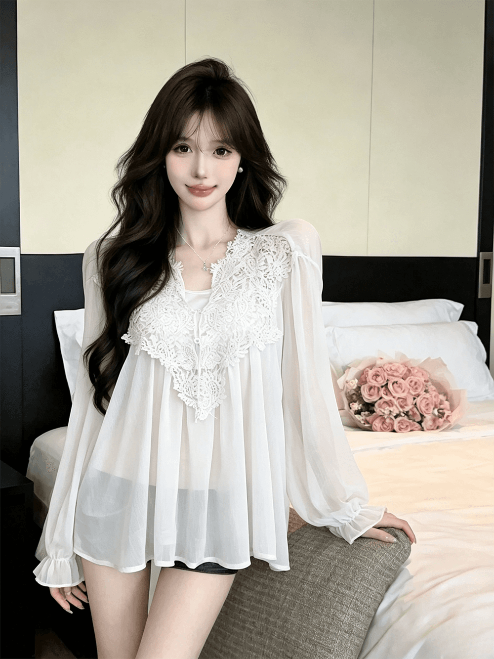 실사 가을 프랑스식 V넥 레이스 자수 순수한 욕망 바람 루즈핏 쉬폰 블라우스 경기 몸매 가꾸기 캐미솔 투피스 세트 이미지 4