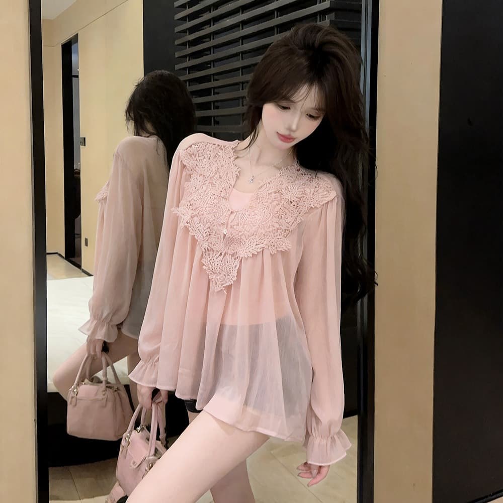 실사 가을 프랑스식 V넥 레이스 자수 순수한 욕망 바람 루즈핏 쉬폰 블라우스 경기 몸매 가꾸기 캐미솔 투피스 세트 이미지 5