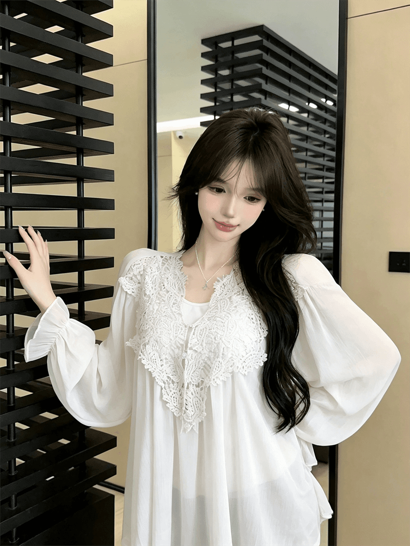 실사 가을 프랑스식 V넥 레이스 자수 순수한 욕망 바람 루즈핏 쉬폰 블라우스 경기 몸매 가꾸기 캐미솔 투피스 세트 상세 이미지 2