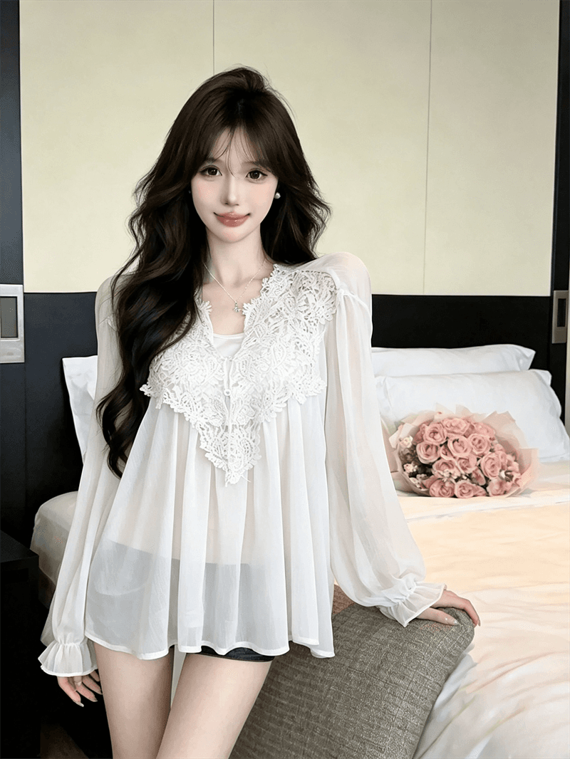 실사 가을 프랑스식 V넥 레이스 자수 순수한 욕망 바람 루즈핏 쉬폰 블라우스 경기 몸매 가꾸기 캐미솔 투피스 세트 상세 이미지 3