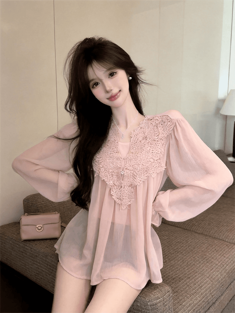 실사 가을 프랑스식 V넥 레이스 자수 순수한 욕망 바람 루즈핏 쉬폰 블라우스 경기 몸매 가꾸기 캐미솔 투피스 세트 상세 이미지 5