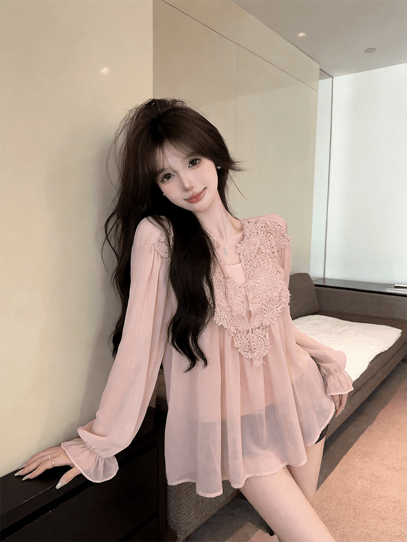 실사 가을 프랑스식 V넥 레이스 자수 순수한 욕망 바람 루즈핏 쉬폰 블라우스 경기 몸매 가꾸기 캐미솔 투피스 세트 상세 이미지 6