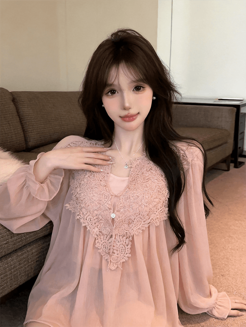 실사 가을 프랑스식 V넥 레이스 자수 순수한 욕망 바람 루즈핏 쉬폰 블라우스 경기 몸매 가꾸기 캐미솔 투피스 세트 상세 이미지 7