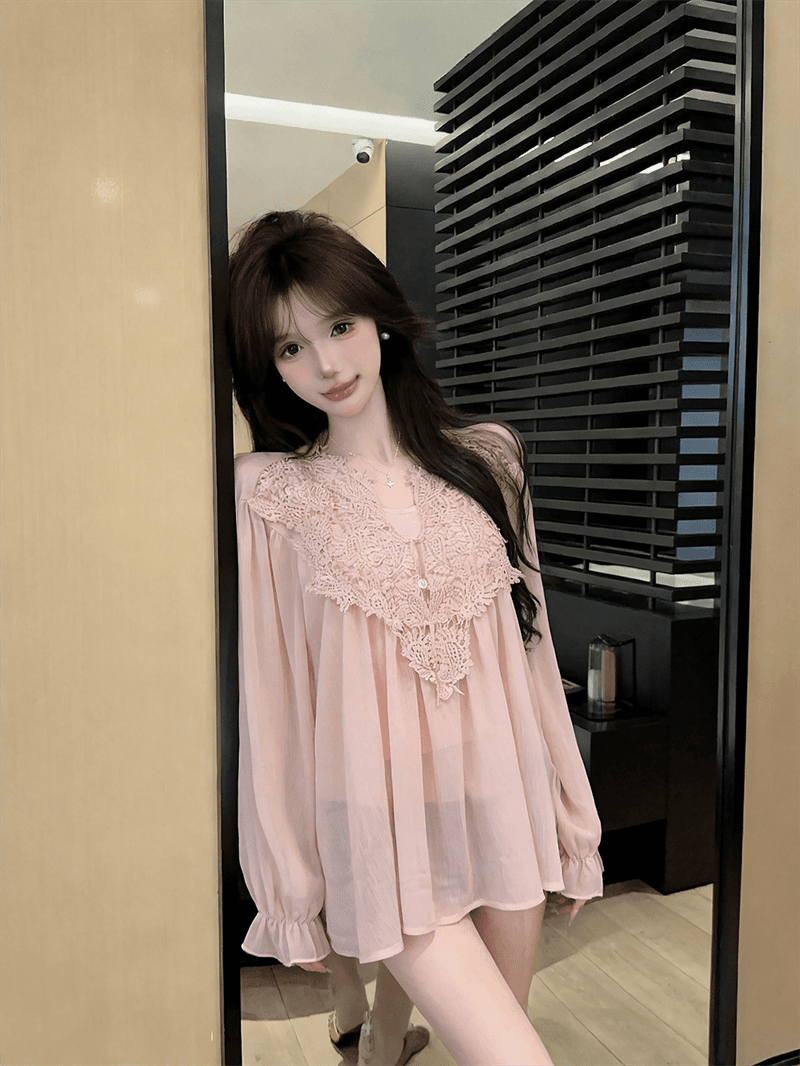 실사 가을 프랑스식 V넥 레이스 자수 순수한 욕망 바람 루즈핏 쉬폰 블라우스 경기 몸매 가꾸기 캐미솔 투피스 세트 상세 이미지 10