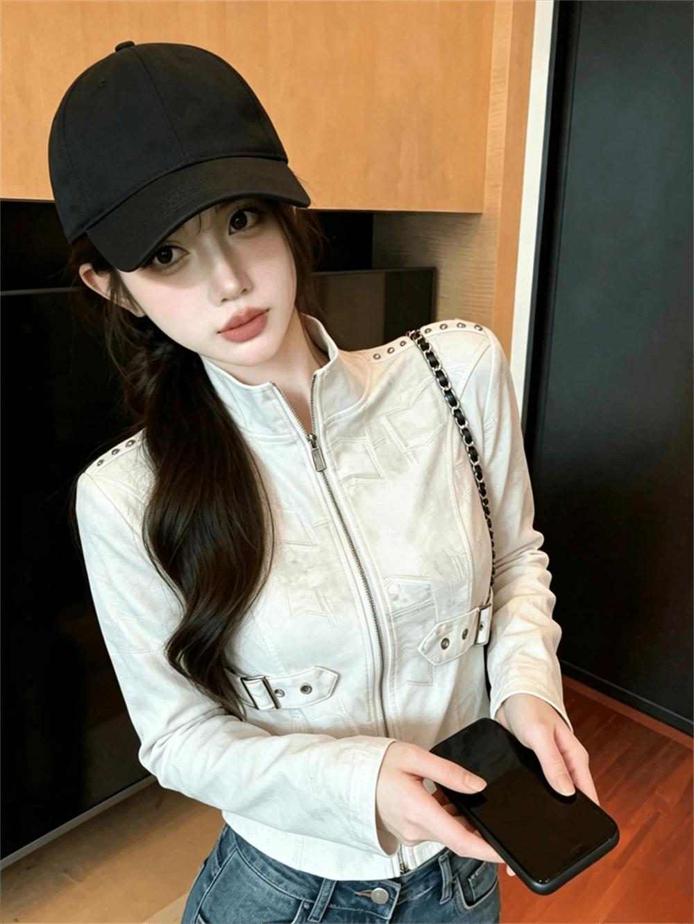 실사 봄 가을 느긋한 바람 스탠드 칼라 패치워크 무거운 작업 지퍼 섹션 몸매 가꾸기 불규칙 쇼트 스타일 염색 핫걸 티셔츠 트렌디 이미지 2