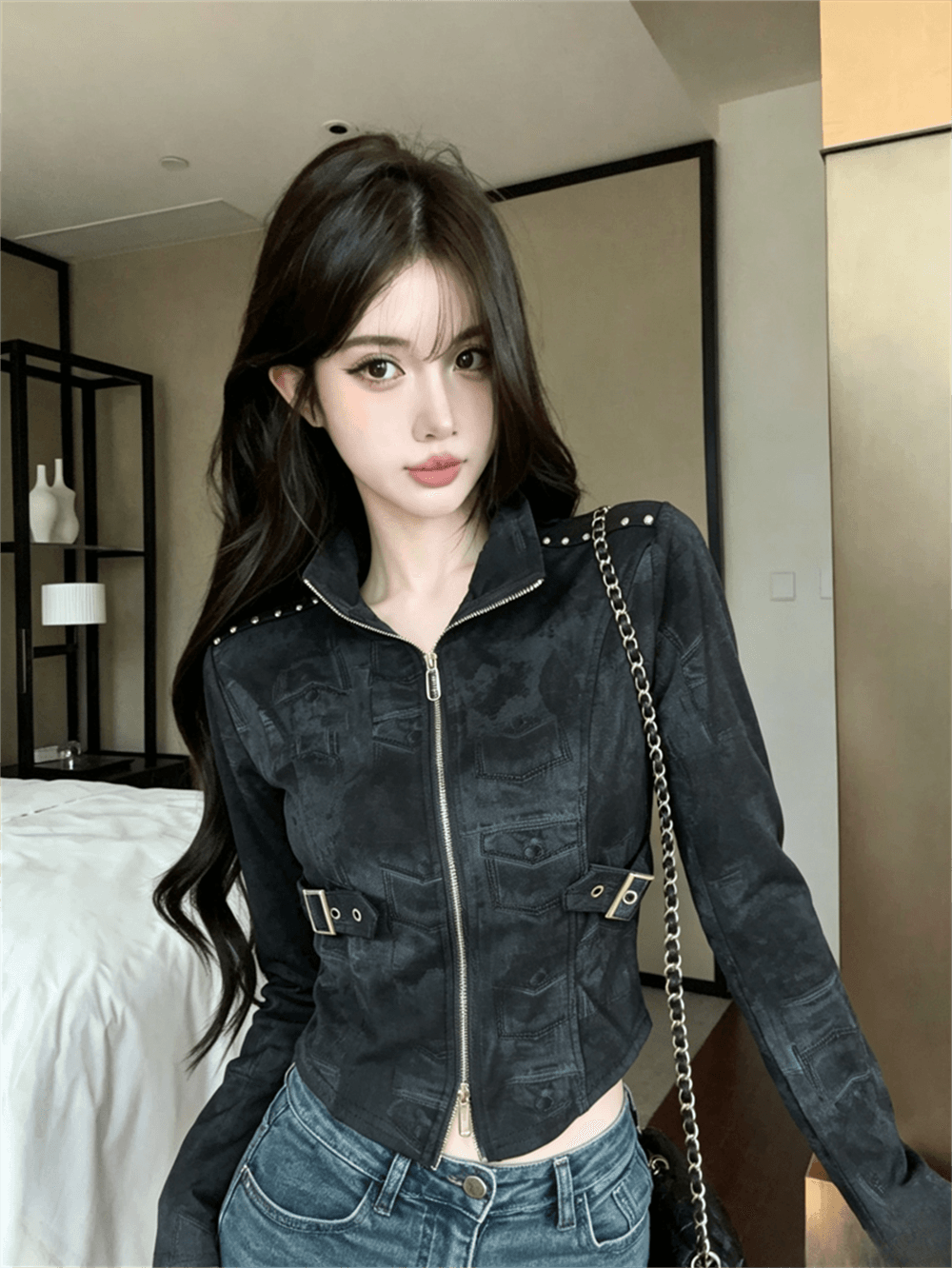 실사 봄 가을 느긋한 바람 스탠드 칼라 패치워크 무거운 작업 지퍼 섹션 몸매 가꾸기 불규칙 쇼트 스타일 염색 핫걸 티셔츠 트렌디 이미지 4