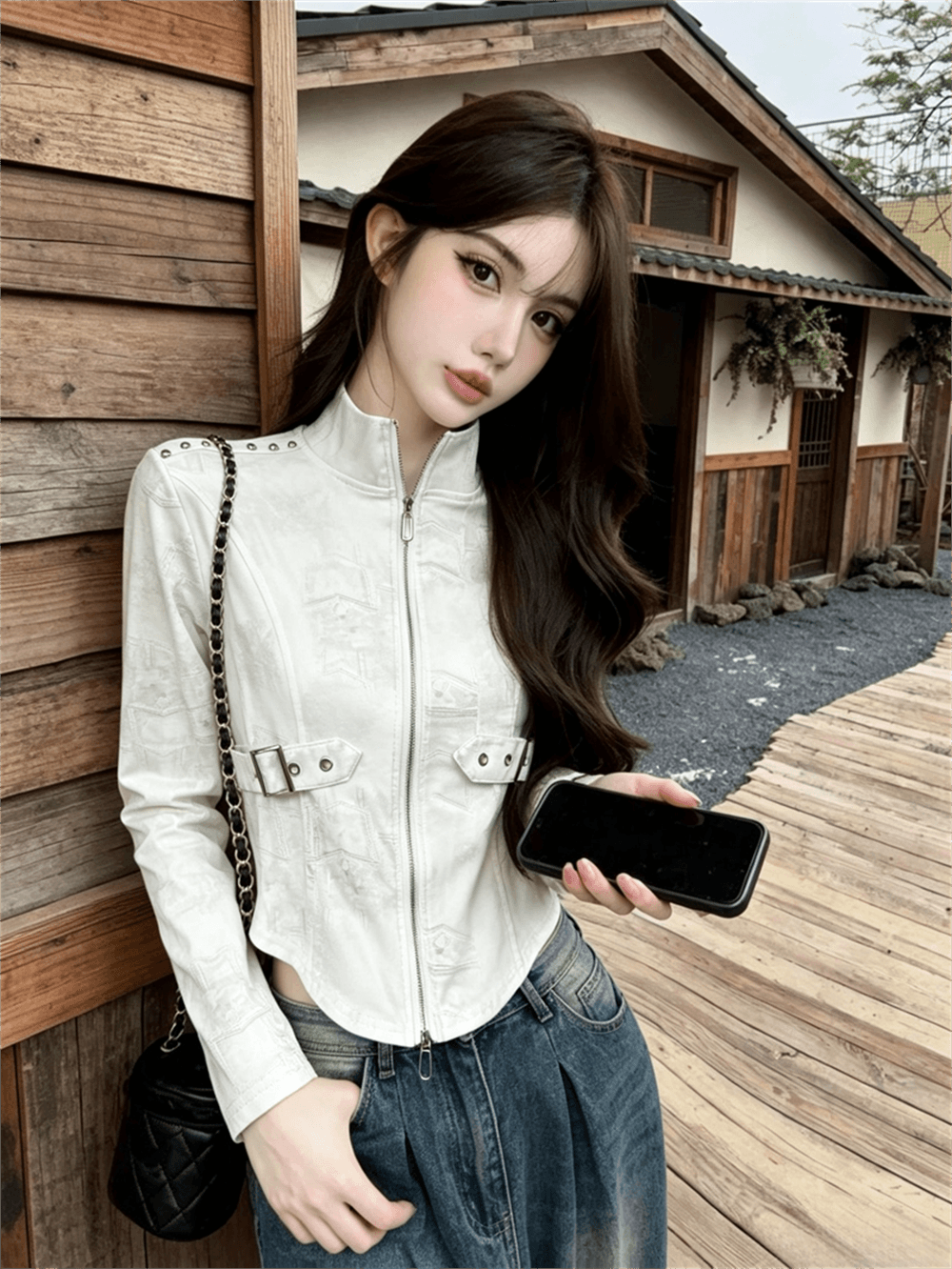 실사 봄 가을 느긋한 바람 스탠드 칼라 패치워크 무거운 작업 지퍼 섹션 몸매 가꾸기 불규칙 쇼트 스타일 염색 핫걸 티셔츠 트렌디