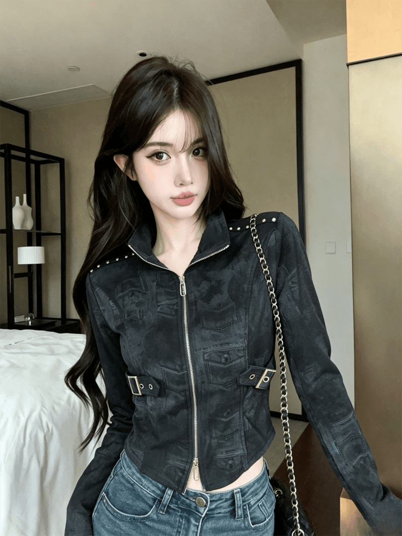 실사 봄 가을 느긋한 바람 스탠드 칼라 패치워크 무거운 작업 지퍼 섹션 몸매 가꾸기 불규칙 쇼트 스타일 염색 핫걸 티셔츠 트렌디 상세 이미지 1