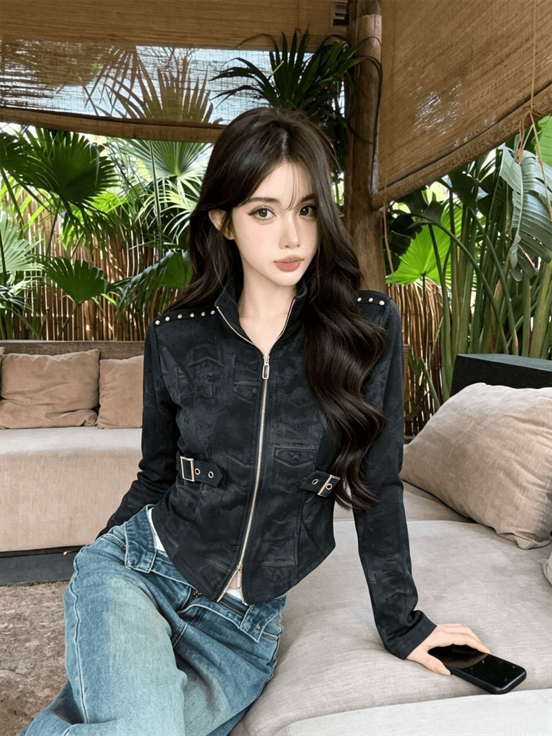 실사 봄 가을 느긋한 바람 스탠드 칼라 패치워크 무거운 작업 지퍼 섹션 몸매 가꾸기 불규칙 쇼트 스타일 염색 핫걸 티셔츠 트렌디 상세 이미지 2