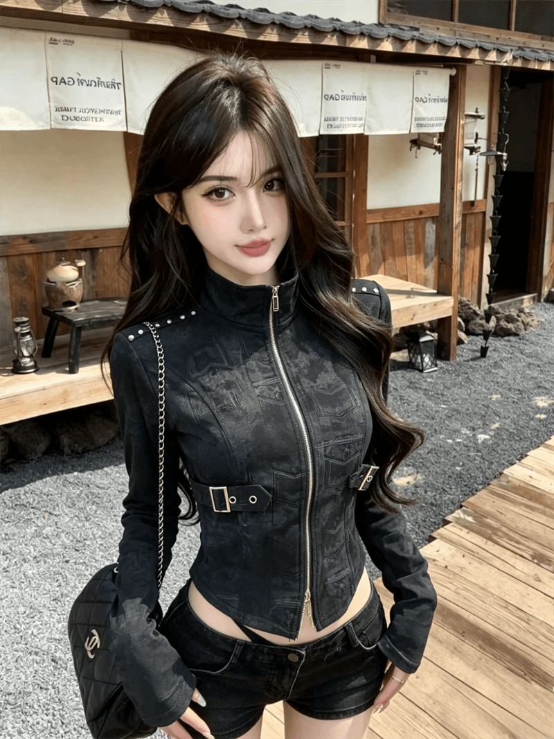 실사 봄 가을 느긋한 바람 스탠드 칼라 패치워크 무거운 작업 지퍼 섹션 몸매 가꾸기 불규칙 쇼트 스타일 염색 핫걸 티셔츠 트렌디 상세 이미지 3