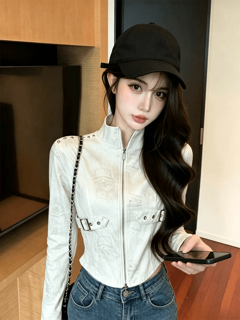 실사 봄 가을 느긋한 바람 스탠드 칼라 패치워크 무거운 작업 지퍼 섹션 몸매 가꾸기 불규칙 쇼트 스타일 염색 핫걸 티셔츠 트렌디 상세 이미지 6