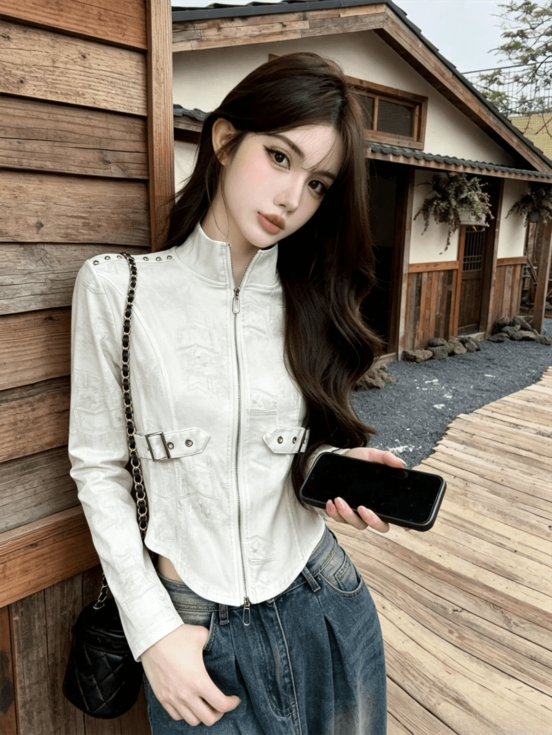 실사 봄 가을 느긋한 바람 스탠드 칼라 패치워크 무거운 작업 지퍼 섹션 몸매 가꾸기 불규칙 쇼트 스타일 염색 핫걸 티셔츠 트렌디 상세 이미지 7