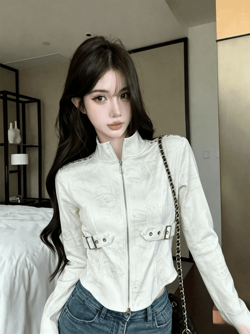 실사 봄 가을 느긋한 바람 스탠드 칼라 패치워크 무거운 작업 지퍼 섹션 몸매 가꾸기 불규칙 쇼트 스타일 염색 핫걸 티셔츠 트렌디 상세 이미지 9