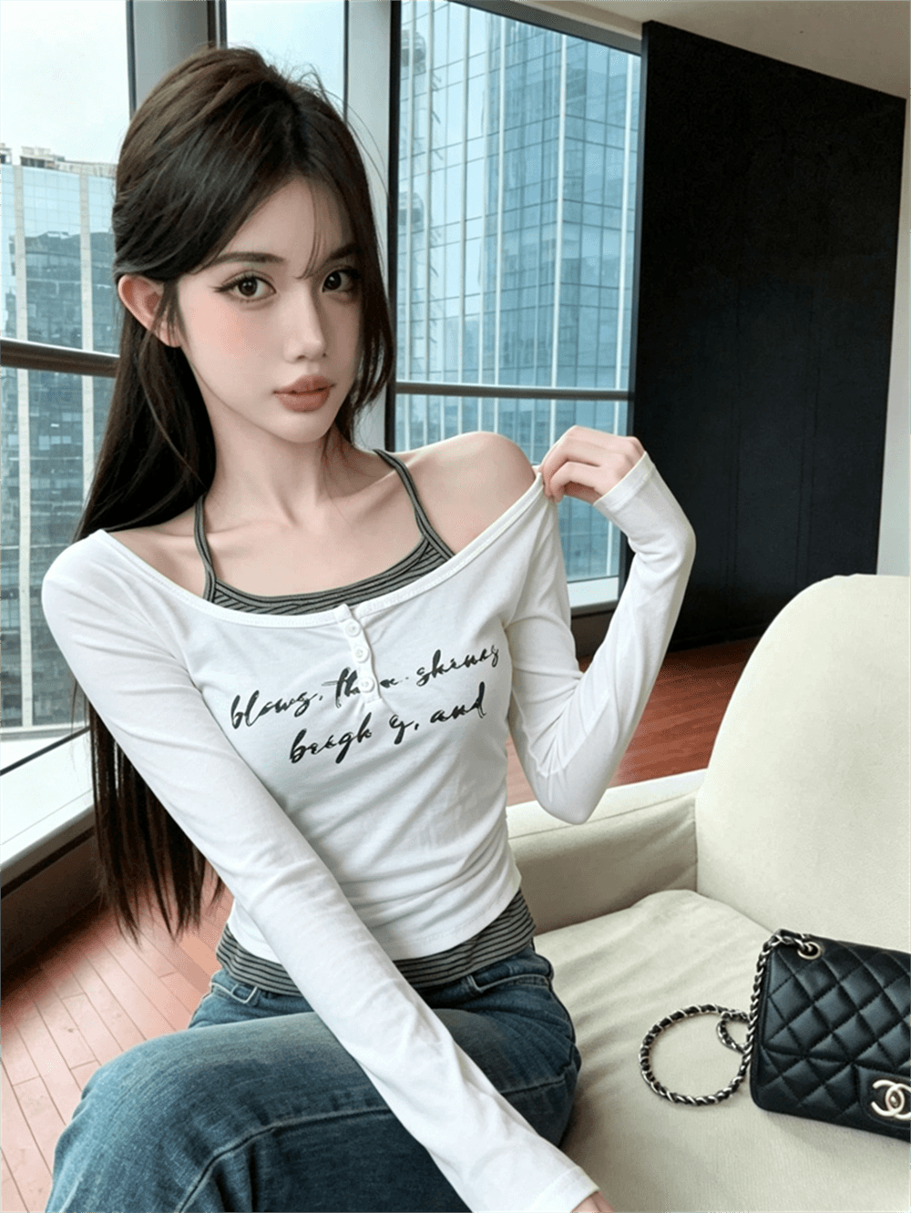 실사 가을 라운드 넥 패치워크 스트라이프 행침 목 색상 레이스업 몸매 가꾸기 긴팔 불규칙 펌프 Pleat 페이크 레이어드 티셔츠 이미지 4