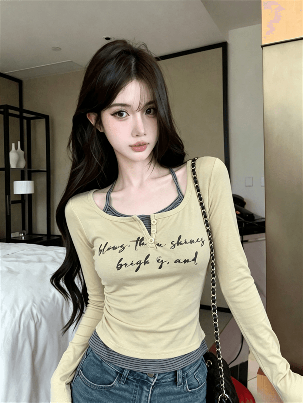 실사 가을 라운드 넥 패치워크 스트라이프 행침 목 색상 레이스업 몸매 가꾸기 긴팔 불규칙 펌프 Pleat 페이크 레이어드 티셔츠 이미지 3