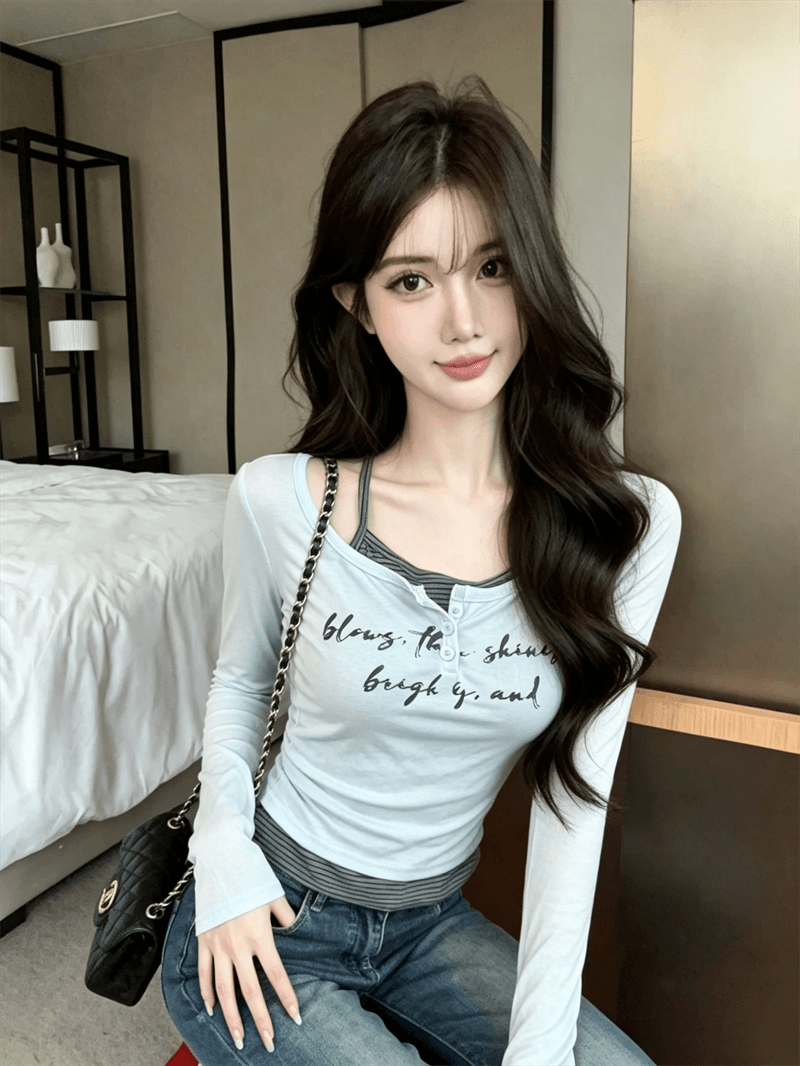 실사 가을 라운드 넥 패치워크 스트라이프 행침 목 색상 레이스업 몸매 가꾸기 긴팔 불규칙 펌프 Pleat 페이크 레이어드 티셔츠 상세 이미지 1
