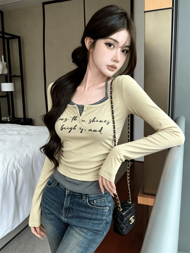 실사 가을 라운드 넥 패치워크 스트라이프 행침 목 색상 레이스업 몸매 가꾸기 긴팔 불규칙 펌프 Pleat 페이크 레이어드 티셔츠 상세 이미지 4
