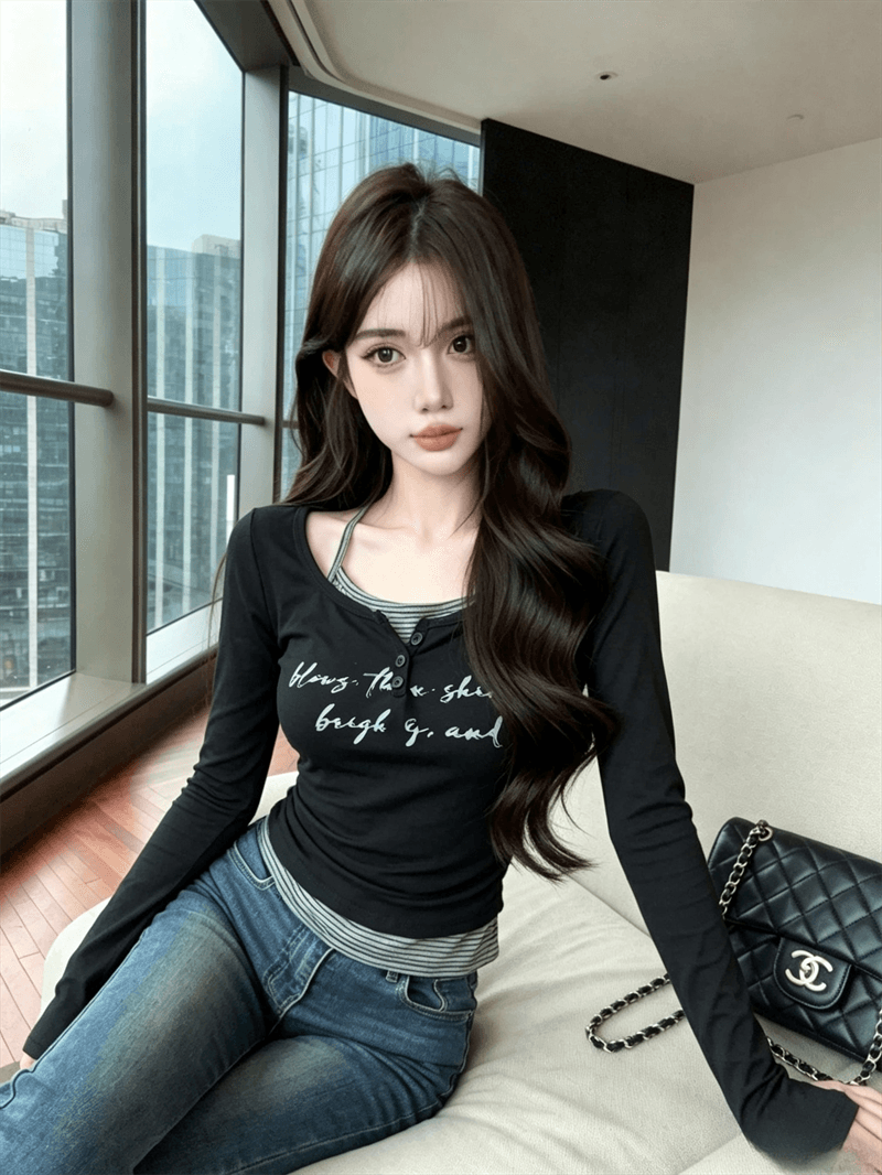 실사 가을 라운드 넥 패치워크 스트라이프 행침 목 색상 레이스업 몸매 가꾸기 긴팔 불규칙 펌프 Pleat 페이크 레이어드 티셔츠 상세 이미지 7