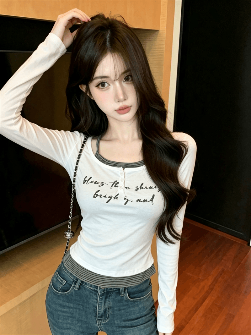 실사 가을 라운드 넥 패치워크 스트라이프 행침 목 색상 레이스업 몸매 가꾸기 긴팔 불규칙 펌프 Pleat 페이크 레이어드 티셔츠 상세 이미지 10