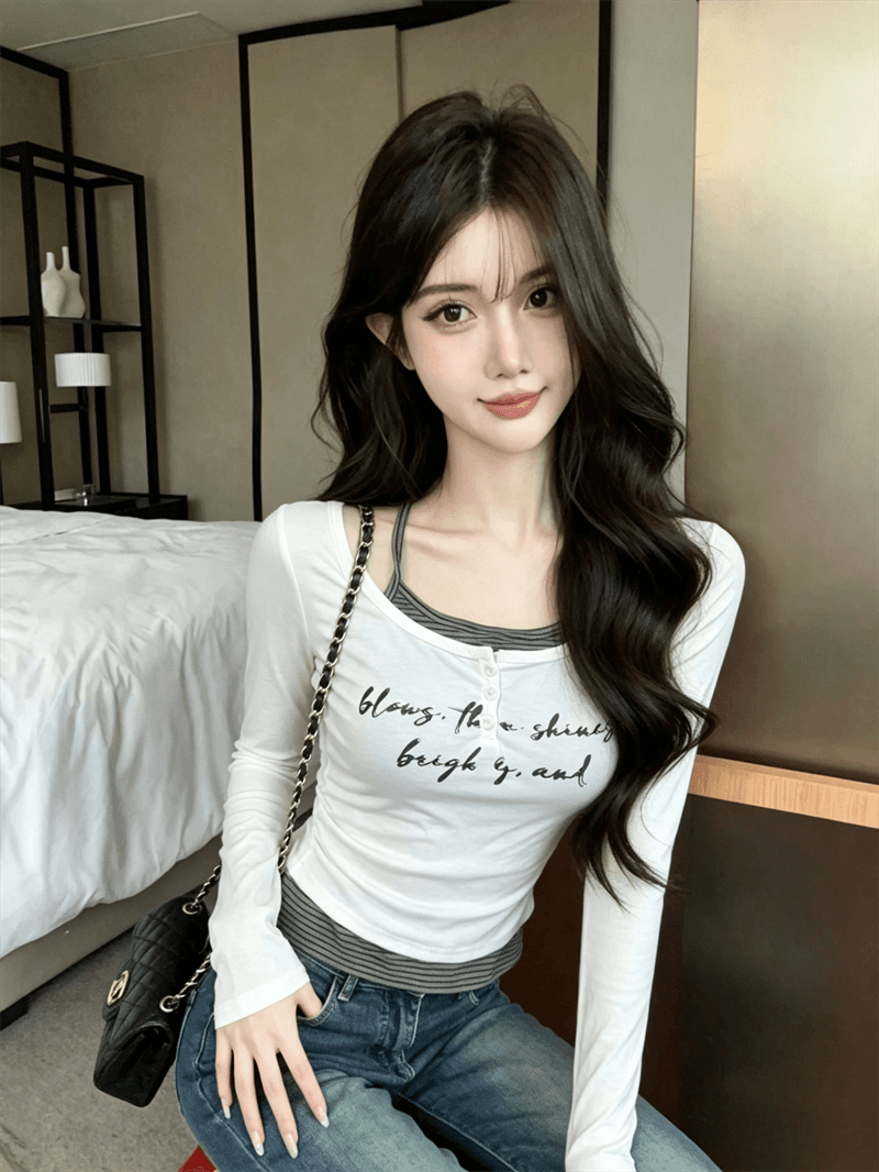 실사 가을 라운드 넥 패치워크 스트라이프 행침 목 색상 레이스업 몸매 가꾸기 긴팔 불규칙 펌프 Pleat 페이크 레이어드 티셔츠 상세 이미지 14