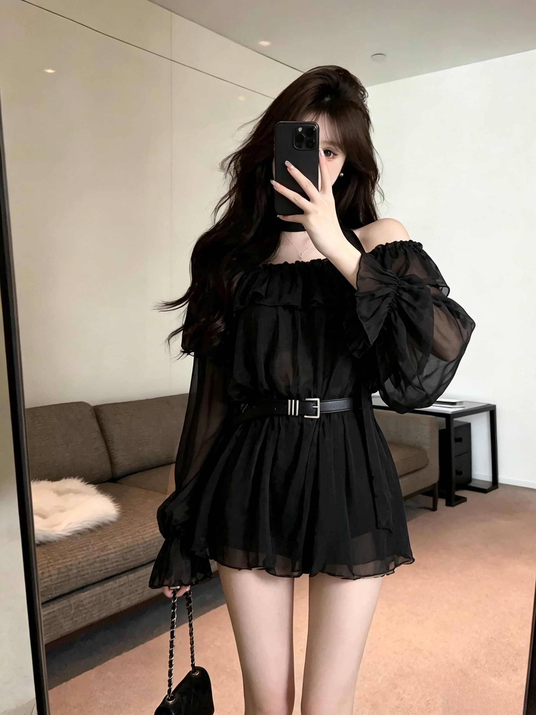 실사 봄 가을 프랑스식 보트넥 달콤함 허리 수축 스카프 중간 길이 티셔츠 순수한 욕망 바람 레오파드 무늬 긴팔 드레스 이미지 2