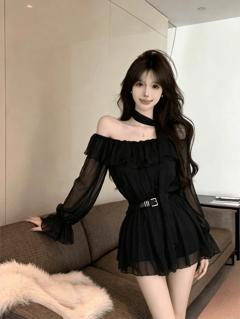 실사 봄 가을 프랑스식 보트넥 달콤함 허리 수축 스카프 중간 길이 티셔츠 순수한 욕망 바람 레오파드 무늬 긴팔 드레스 상세 이미지 10