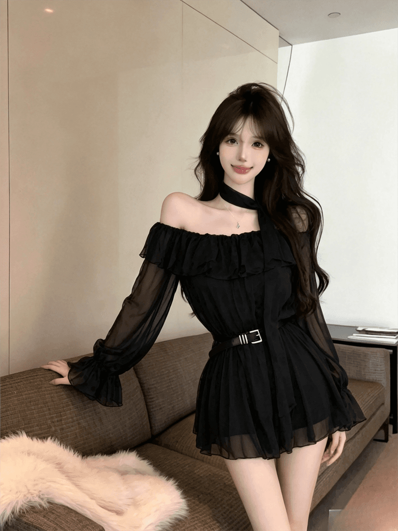 실사 봄 가을 프랑스식 보트넥 달콤함 허리 수축 스카프 중간 길이 티셔츠 순수한 욕망 바람 레오파드 무늬 긴팔 드레스 상세 이미지 14