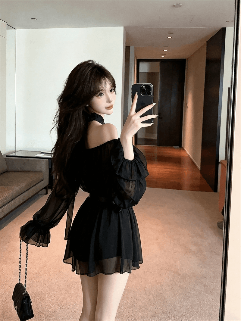 실사 봄 가을 프랑스식 보트넥 달콤함 허리 수축 스카프 중간 길이 티셔츠 순수한 욕망 바람 레오파드 무늬 긴팔 드레스 상세 이미지 15