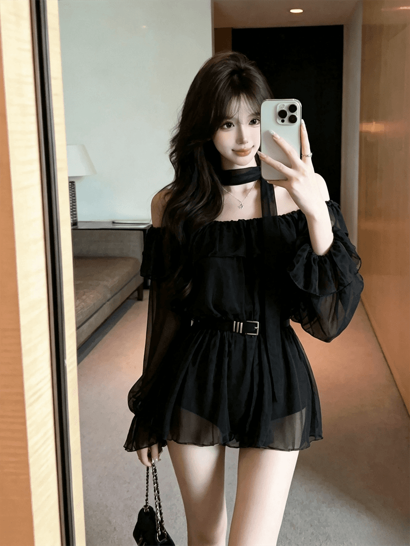 실사 봄 가을 프랑스식 보트넥 달콤함 허리 수축 스카프 중간 길이 티셔츠 순수한 욕망 바람 레오파드 무늬 긴팔 드레스 상세 이미지 16