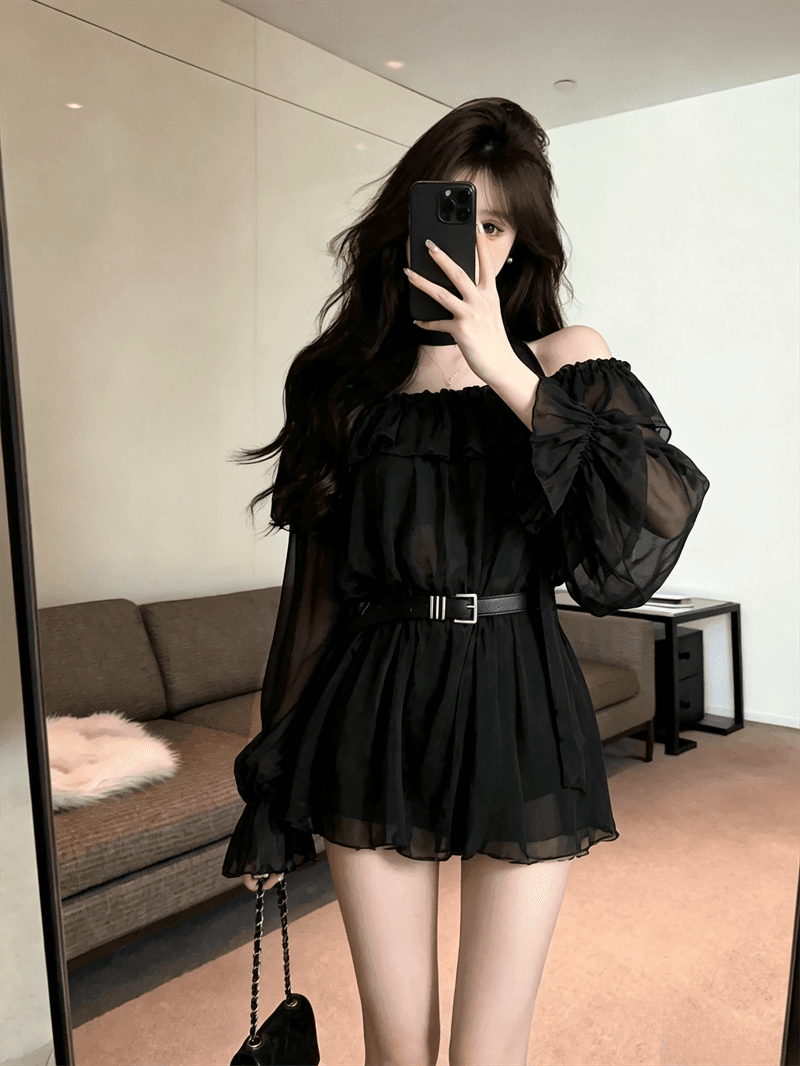 실사 봄 가을 프랑스식 보트넥 달콤함 허리 수축 스카프 중간 길이 티셔츠 순수한 욕망 바람 레오파드 무늬 긴팔 드레스 상세 이미지 18