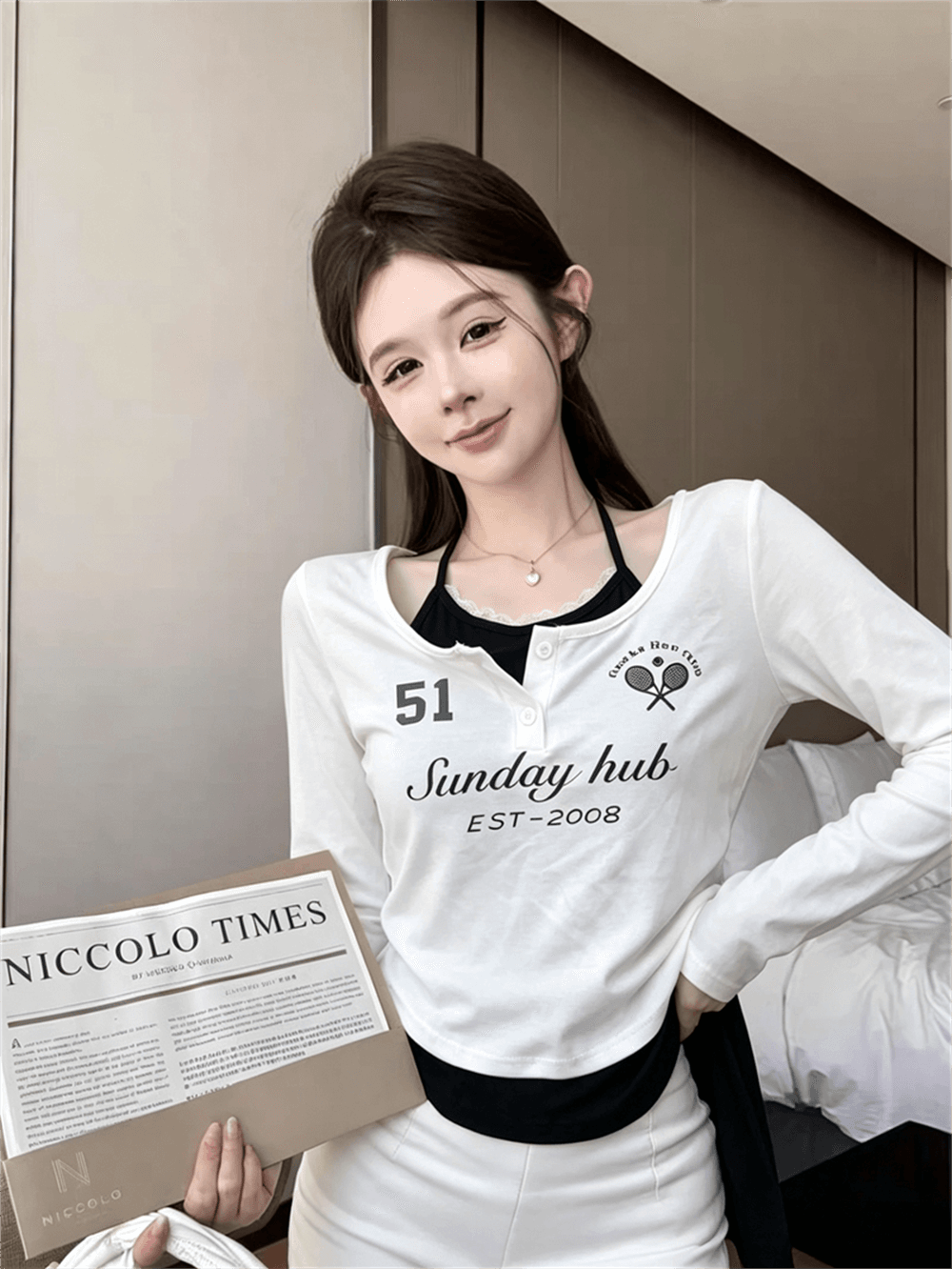 실사 가을 반 개방 칼라 패치워크 레이스 행침 목 스타일 레이스업 몸매 가꾸기 긴팔 불규칙 핫걸 페이크 레이어드 티셔츠 이미지 2
