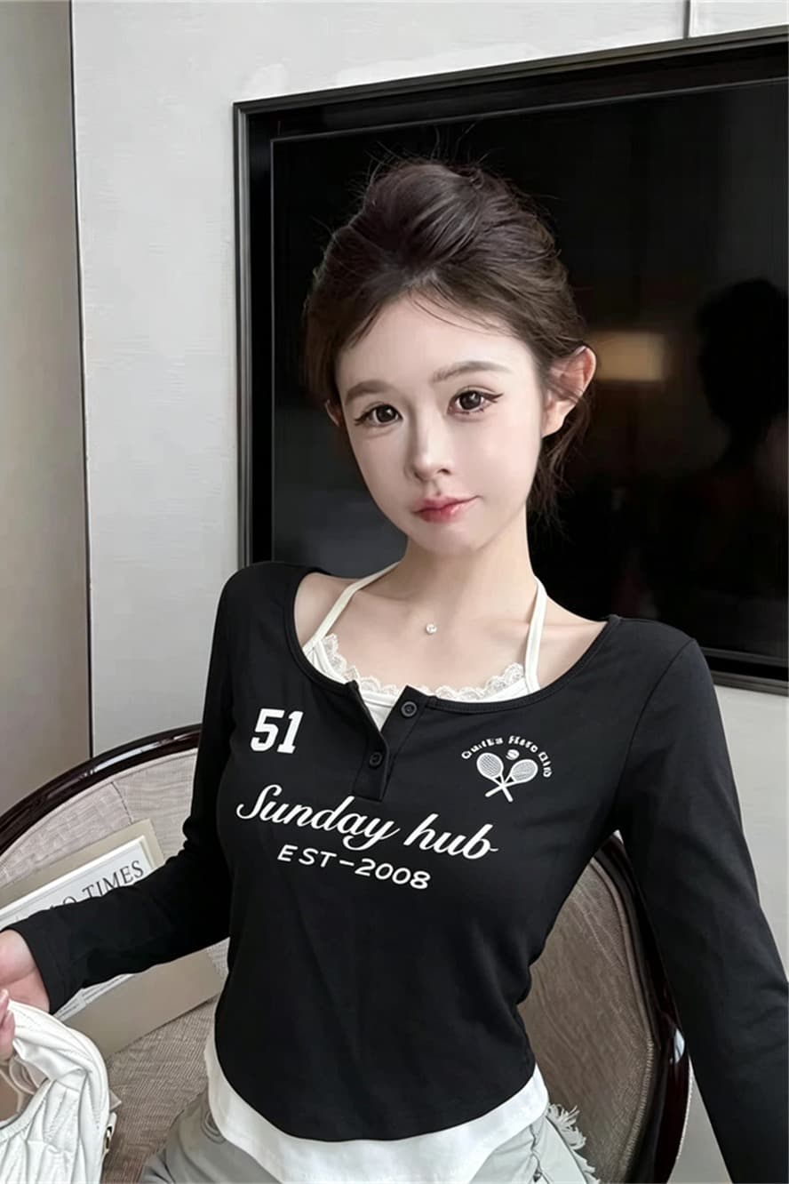 실사 가을 반 개방 칼라 패치워크 레이스 행침 목 스타일 레이스업 몸매 가꾸기 긴팔 불규칙 핫걸 페이크 레이어드 티셔츠 이미지 6
