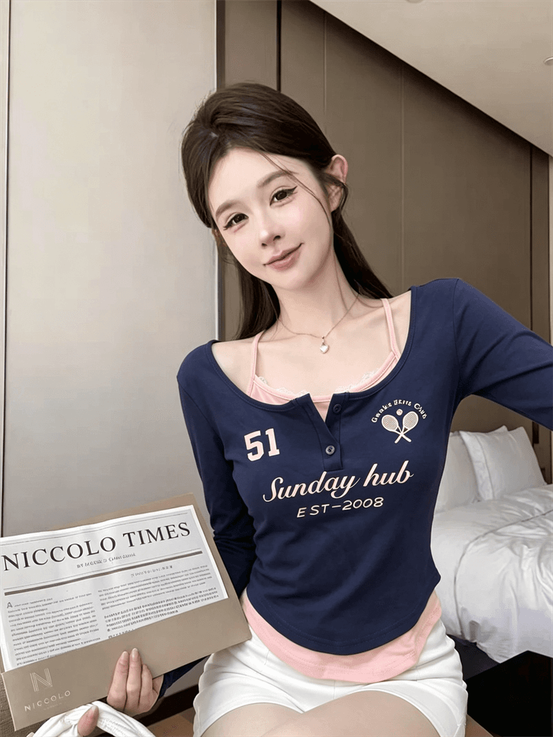 실사 가을 반 개방 칼라 패치워크 레이스 행침 목 스타일 레이스업 몸매 가꾸기 긴팔 불규칙 핫걸 페이크 레이어드 티셔츠 상세 이미지 4