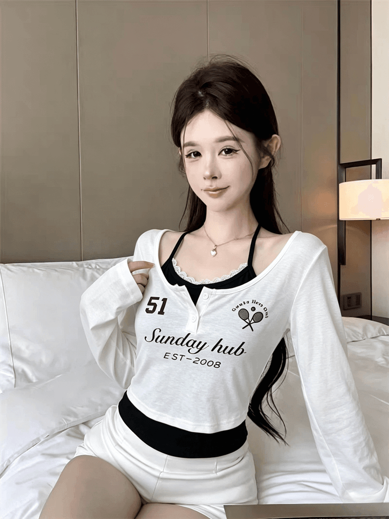 실사 가을 반 개방 칼라 패치워크 레이스 행침 목 스타일 레이스업 몸매 가꾸기 긴팔 불규칙 핫걸 페이크 레이어드 티셔츠 상세 이미지 5