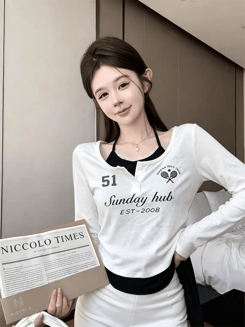 실사 가을 반 개방 칼라 패치워크 레이스 행침 목 스타일 레이스업 몸매 가꾸기 긴팔 불규칙 핫걸 페이크 레이어드 티셔츠 상세 이미지 7