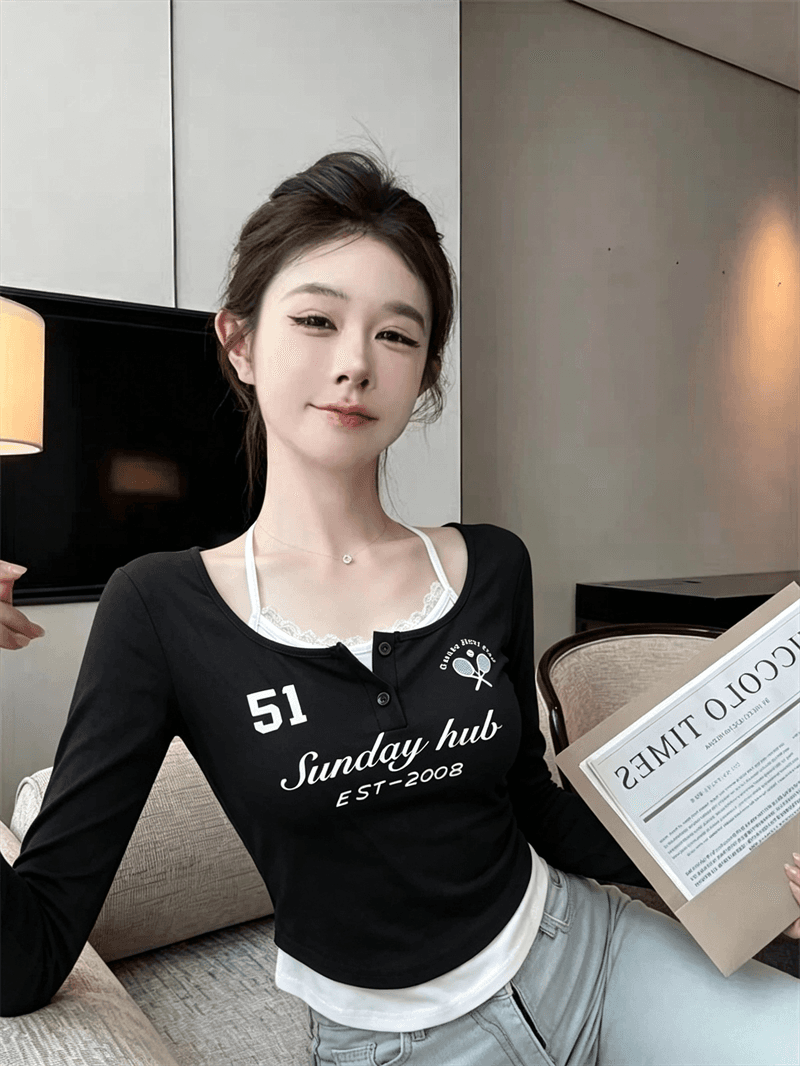 실사 가을 반 개방 칼라 패치워크 레이스 행침 목 스타일 레이스업 몸매 가꾸기 긴팔 불규칙 핫걸 페이크 레이어드 티셔츠 상세 이미지 8
