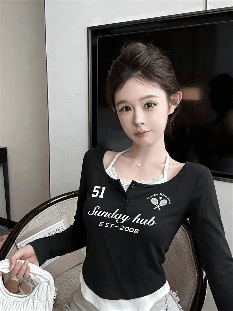 실사 가을 반 개방 칼라 패치워크 레이스 행침 목 스타일 레이스업 몸매 가꾸기 긴팔 불규칙 핫걸 페이크 레이어드 티셔츠 상세 이미지 10