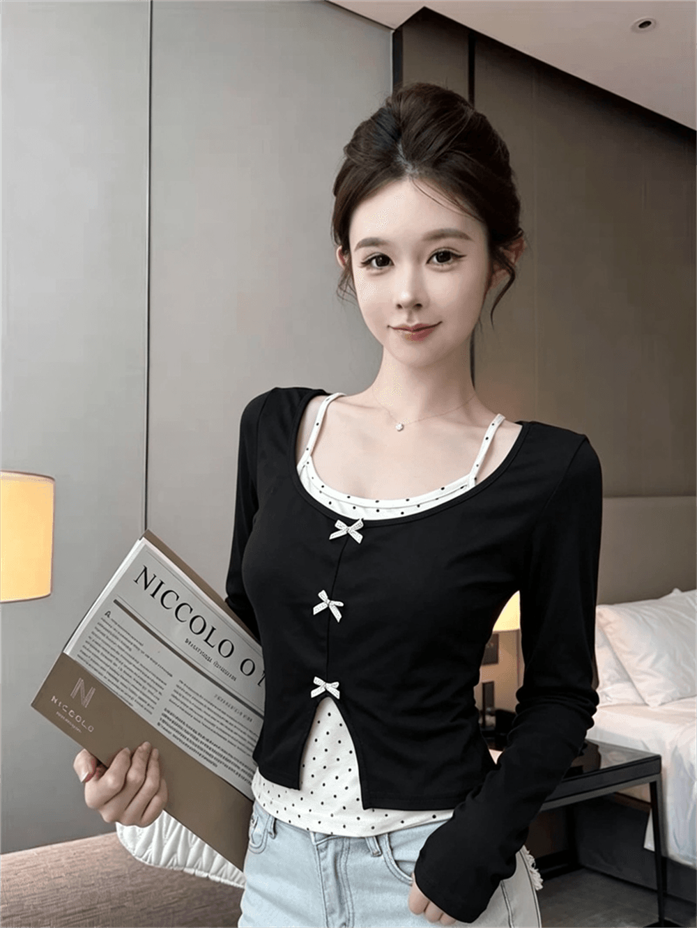 실사 가을 낮음 라운드 넥 패치워크 도트 무늬 행침 목 스타일 레이스업 몸매 가꾸기 긴팔 나비 매듭 페이크 레이어드 풀오버 티셔츠 이미지 3