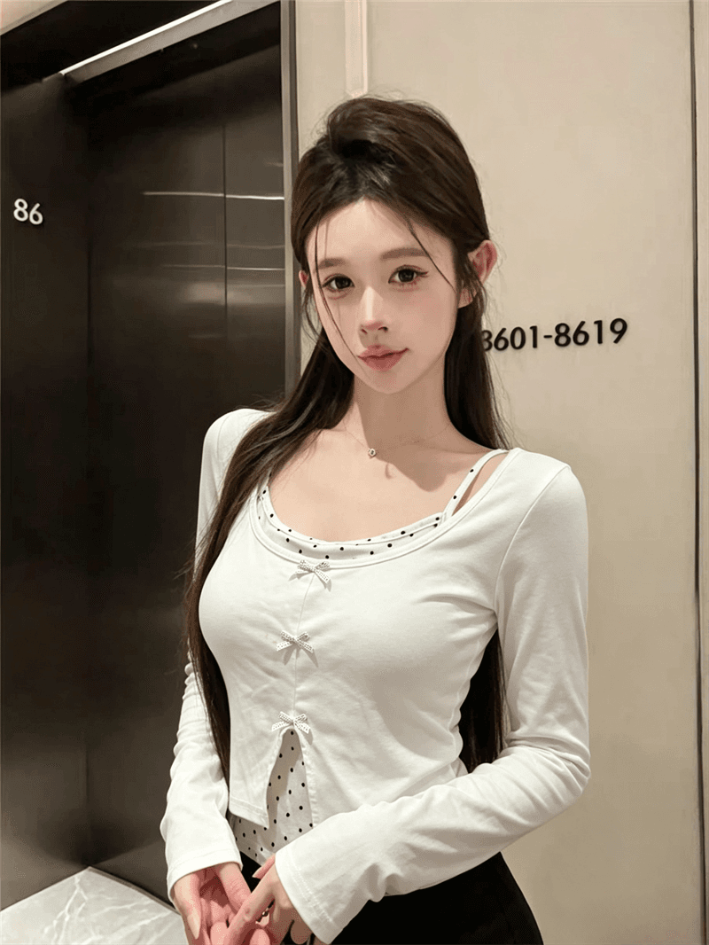 실사 가을 낮음 라운드 넥 패치워크 도트 무늬 행침 목 스타일 레이스업 몸매 가꾸기 긴팔 나비 매듭 페이크 레이어드 풀오버 티셔츠 상세 이미지 1
