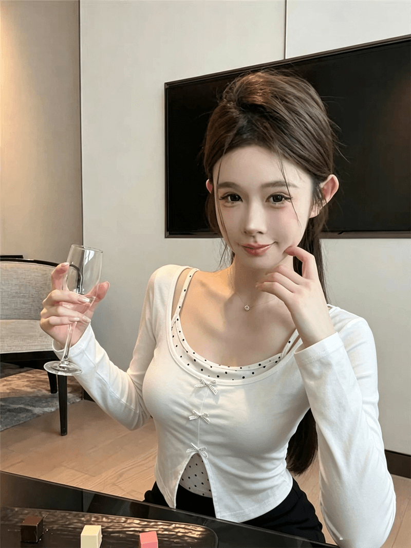 실사 가을 낮음 라운드 넥 패치워크 도트 무늬 행침 목 스타일 레이스업 몸매 가꾸기 긴팔 나비 매듭 페이크 레이어드 풀오버 티셔츠 상세 이미지 2