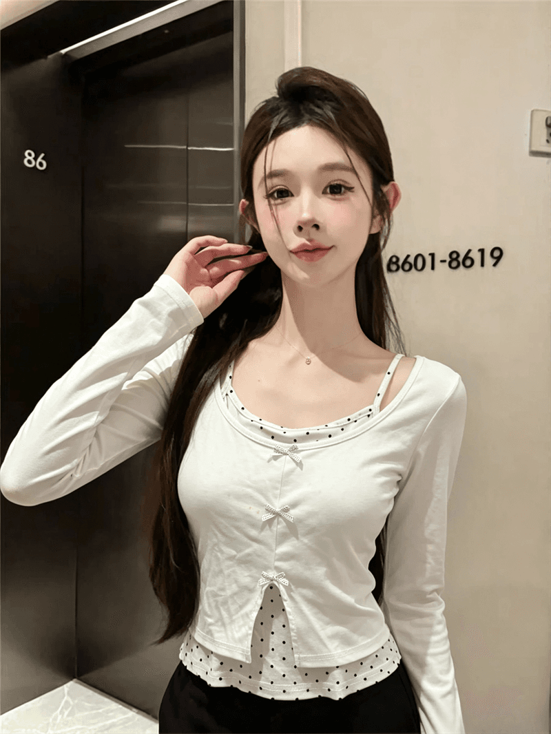 실사 가을 낮음 라운드 넥 패치워크 도트 무늬 행침 목 스타일 레이스업 몸매 가꾸기 긴팔 나비 매듭 페이크 레이어드 풀오버 티셔츠 상세 이미지 3