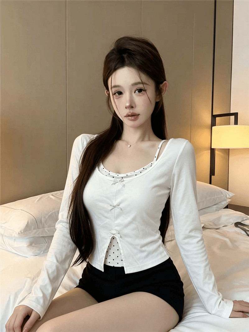 실사 가을 낮음 라운드 넥 패치워크 도트 무늬 행침 목 스타일 레이스업 몸매 가꾸기 긴팔 나비 매듭 페이크 레이어드 풀오버 티셔츠 상세 이미지 4