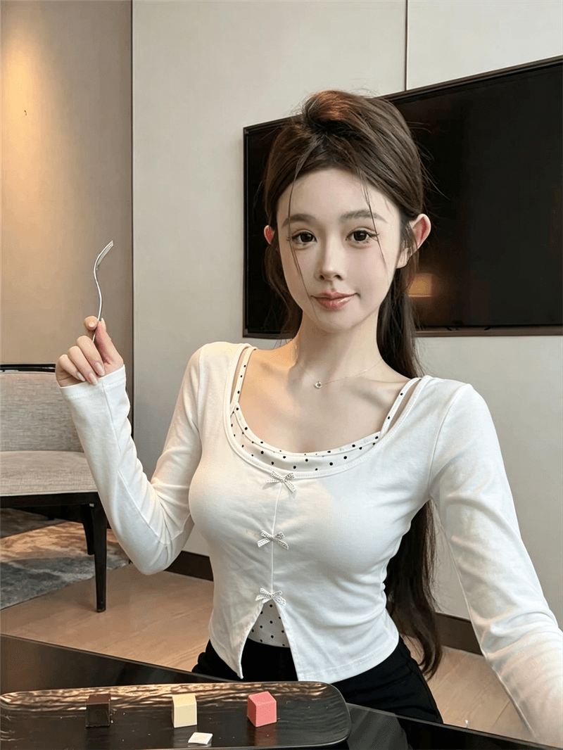 실사 가을 낮음 라운드 넥 패치워크 도트 무늬 행침 목 스타일 레이스업 몸매 가꾸기 긴팔 나비 매듭 페이크 레이어드 풀오버 티셔츠 상세 이미지 5