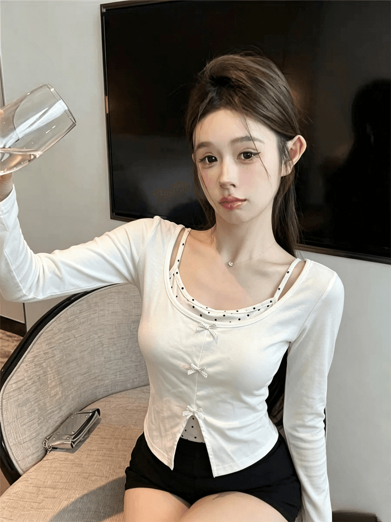 실사 가을 낮음 라운드 넥 패치워크 도트 무늬 행침 목 스타일 레이스업 몸매 가꾸기 긴팔 나비 매듭 페이크 레이어드 풀오버 티셔츠 상세 이미지 6
